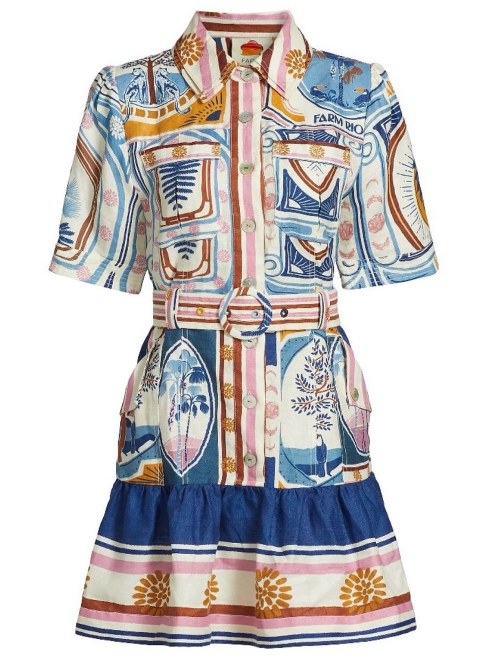 Farm Rio Cerrado Stamps Belted 100% Linen Dress